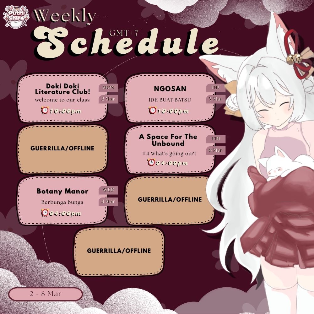 PutriShiroCH's tweet photo. #ShiroAnnounce 
Aloww Crownlings! akhirnyaa ada skemjul lagi xixi~

🔔Weekly Schedule
2-8 Maret

lesgooooo! https://t.co/RreunDybG9