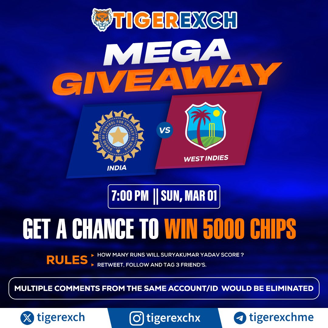 🎁Mega Match Giveaway 🎁
🇮🇳 India 🆚 🇦🇬 West Indies

🔥 Predict Surya Kumar Yadav’s score &amp; WIN BIG!

🎁 Win 5000 Chips!

How many runs will Surya Kumar Yadav score? Comment your prediction below 👇

To Enter:
1️⃣ Must have a valid tigerexch.ai ID 
2️⃣ Like, Follow &amp;