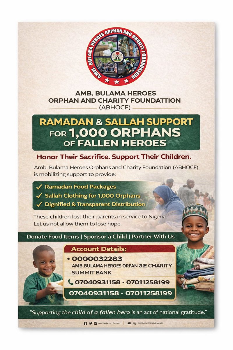 RamlatBulama's tweet photo. Day 12 of Ramadan 🌙
Twelve days of mercy…
and twelve chances to change a child’s story.
An orphan’s prayer is powerful.
Let your name be mentioned in their dua tonight.
Support ABHOCF Orphans today —
give hope, give food, give for the sake of Allah. 🤲🏽✨ https://t.co/yNpBHdmhbN