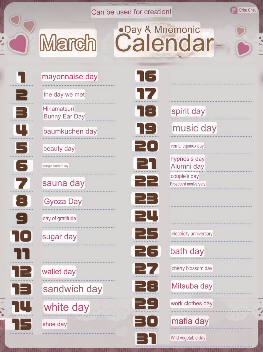 ▶︎3月の記念日◀︎

3月3日 うさみみの日
3月6日 弟の日
3月14日 ホワイトデー
3月3日 マフィアの日

なんてどうでしょう？

ちなみに毎月
22日 夫婦の日
26日 風呂の日  です🤭✨