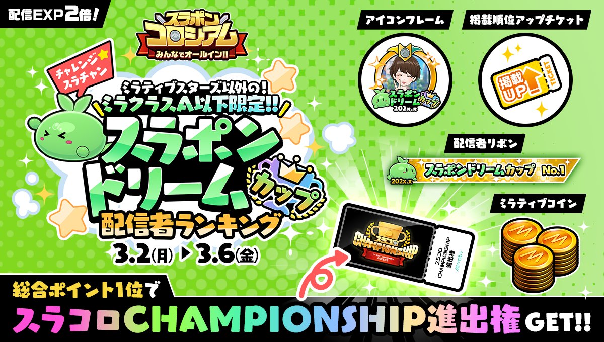 3/2 ~ 3/6】 ✨スラポンドリームカップ✨ 🌱配信者ランキング