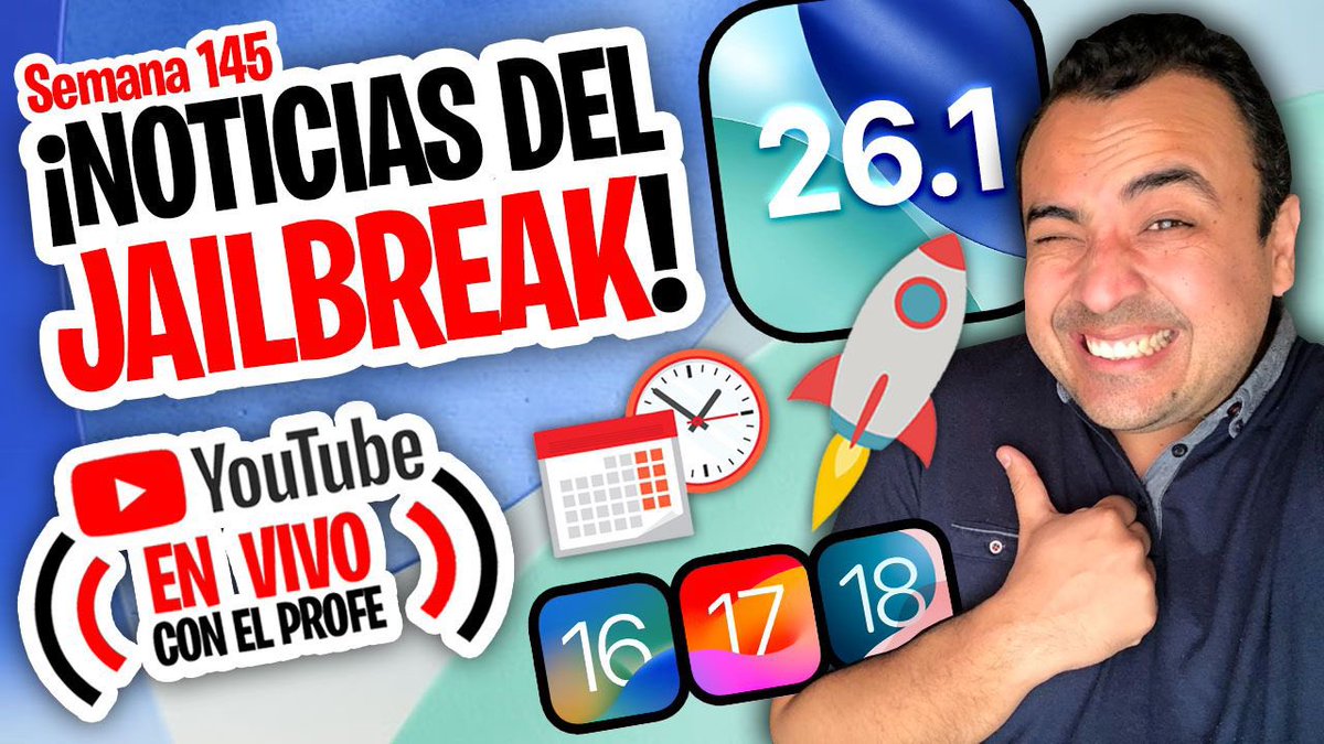 🔴 DIRECTO RESPONDIENDO TUS PREGUNTAS SOBRE #JAILBREAK (Semana 145) 📣

🎥 youtube.com/live/OSp_SvUpd…

🚀 ¿Cuáles dispositivos deben instalar cuanto antes #iOS 26.1 y disfrutar de tweaks de #Cydia? ⚡️

📲 Te quedan pocos días antes que #Apple cierre la puerta y luego #SinLlori 😨