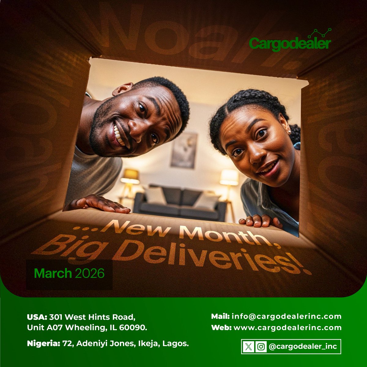 Cargodealer_Inc's tweet photo. New month, fresh opportunities, bigger deliveries 🚚✨

March is here and we’re ready to move your packages faster, safer, and smoother from USA 🇺🇸 to Nigeria 🇳🇬 and beyond.

Let’s make this month count!!! 

SEND IT WITH CARGODEALER 📦💚🌎 https://t.co/EThVO5FuK3