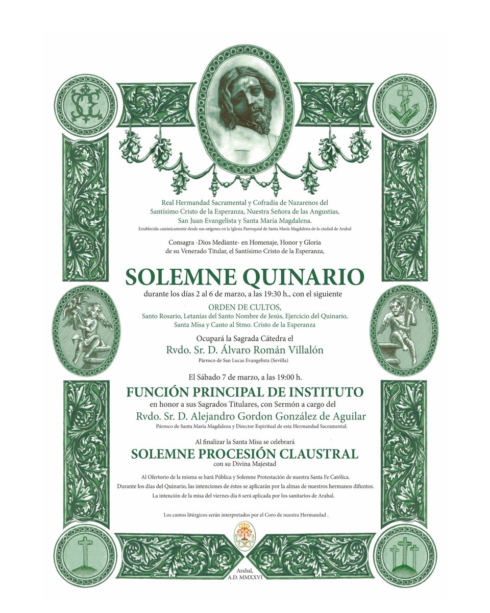 ❤️‍🔥 Quinario | Mañana comienzan los cultos que nuestra Hdad. Sacramental consagrará -D. m.- en homenaje, honor y gloria al Señor. Predicará D. Álvaro Román, pbro. A partir de las 19:30h.
Hermano, devoto, vecino, acude: el Stmo. Cristo de la Esperanza, te espera en la Eucaristía.