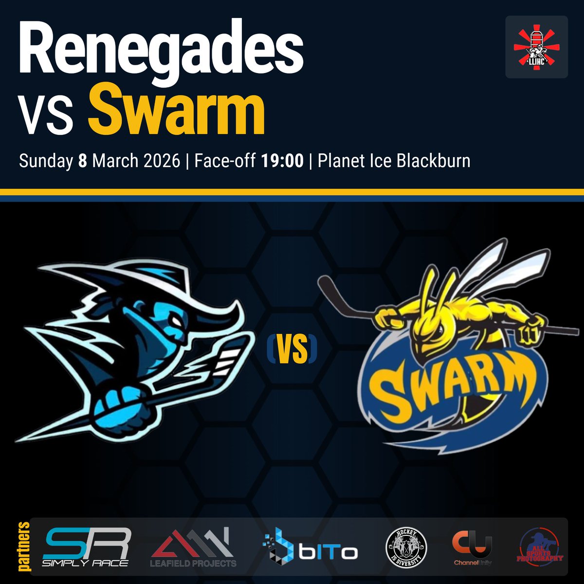 Next weekend, Swarm visit Blackburn in the Lamp Lighters Conference.
🆚 Blackburn Renegades 
📍 Planet Ice Blackburn
📅 Sunday 8 March 2026
🕘 Face-off 19:00
🐝🐝🐝
#MCRSWARM