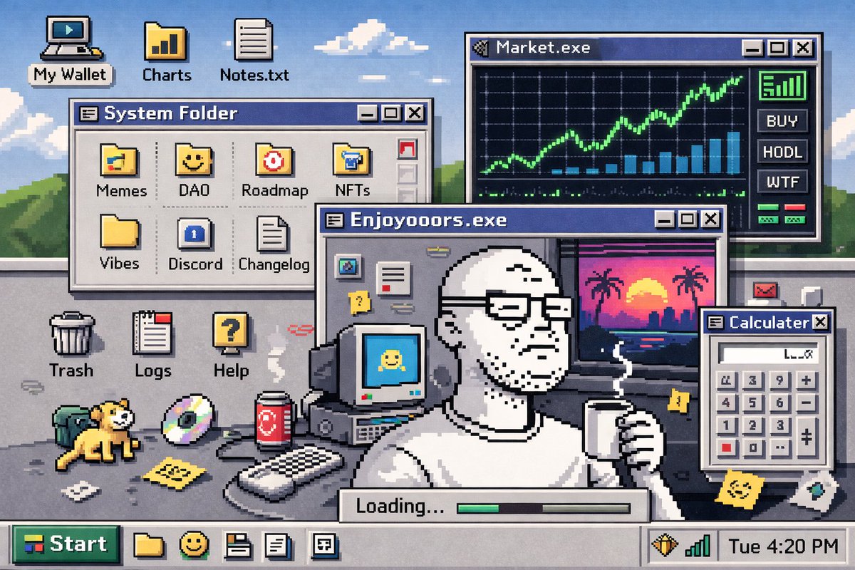 👀 Most crypto apps feel like spreadsheets pretending to be revolutions.

<a href="/enjoyooors/">Enjoyooors</a>  feels different.

No loud promises. No “next big thing.”
Just a weird, nostalgic, internet-native vibe.
The retro OS interface isn’t just design - it’s a reminder.
Crypto forgot the internet
