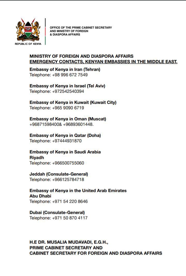 k254NairobiNews's tweet image. Kenyan Government Issues ADVISORY TO KENYANS IN THE MIDDLE EAST FOLLOWING
CONFLICT ESCALATION
#Circulate with your Loved Once In Middle East especially: Kenyan citizens in #Iran, #Israel, #Qatar, #UAE, #Bahrain, #Kuwait,#Saudi Arabia; #Jordan, #Iraq and surrounding areas_