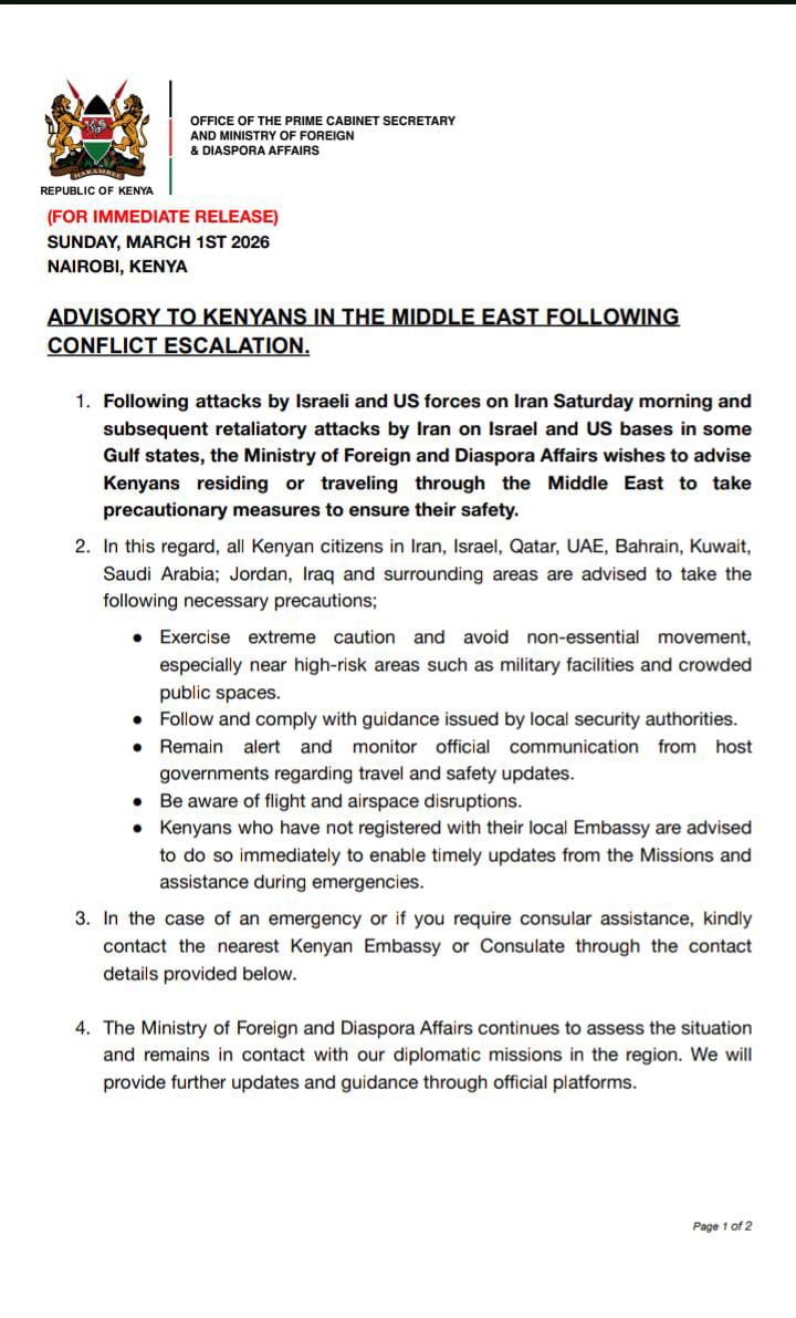 k254NairobiNews's tweet image. Kenyan Government Issues ADVISORY TO KENYANS IN THE MIDDLE EAST FOLLOWING
CONFLICT ESCALATION
#Circulate with your Loved Once In Middle East especially: Kenyan citizens in #Iran, #Israel, #Qatar, #UAE, #Bahrain, #Kuwait,#Saudi Arabia; #Jordan, #Iraq and surrounding areas_