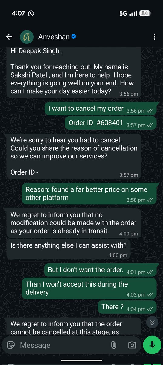 Ds_277001's tweet photo. Hello team @Anveshan_farms 
This is how you handle customer service ?
Your service representative doesn't try to understand the problem &amp; the customer has no right to cancel his order. https://t.co/Egwsob4VJz
