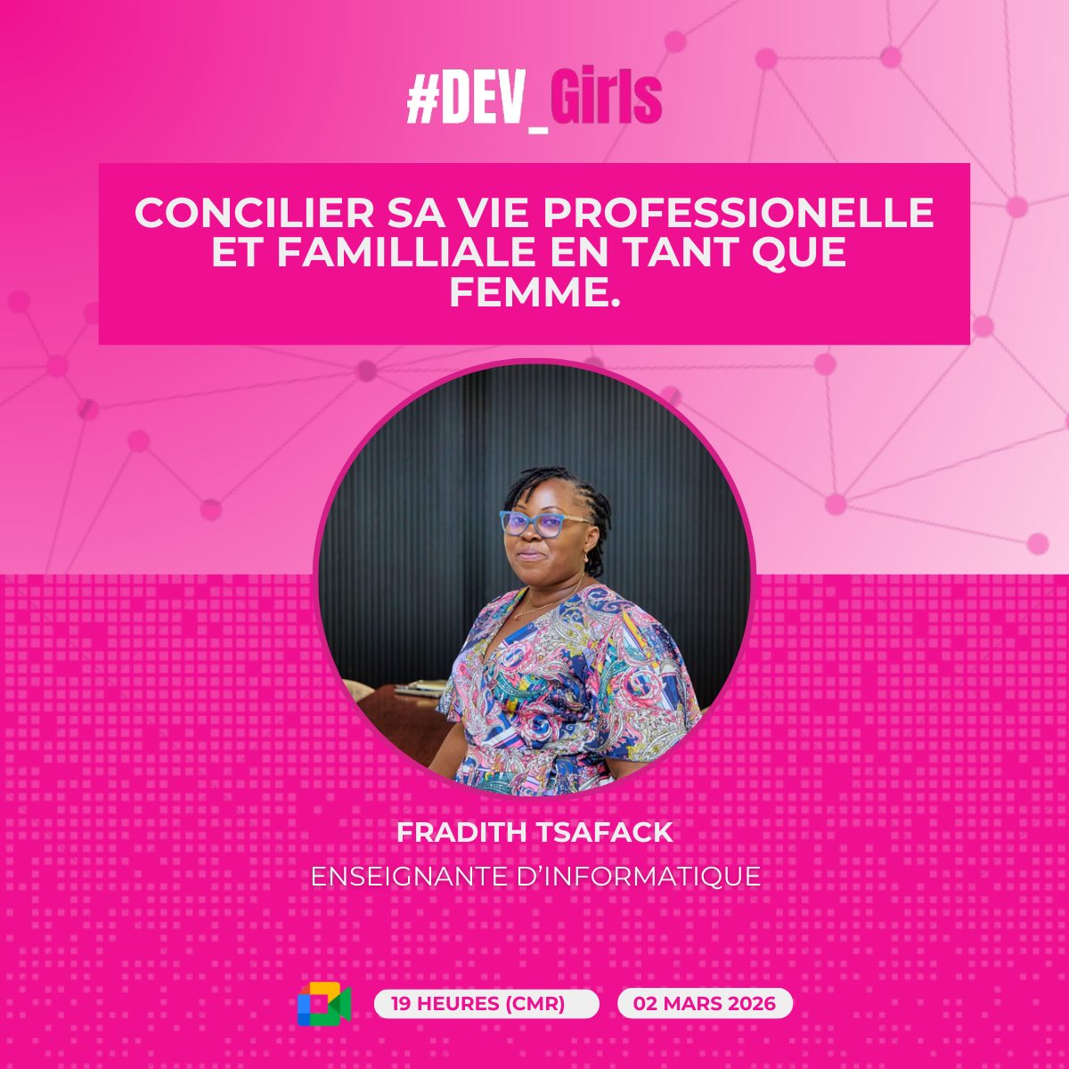 Concilier carrière, famille et ambitions reste un défi pour beaucoup de femmes, y compris dans la tech.

Nous en parlerons avec Fradith Tsafack, enseignante d’informatique.

02 mars • 19h (CMR) En ligne – Meet : lnkd.in/dBQHzwDB
Inscription : lnkd.in/dPvuRXwS