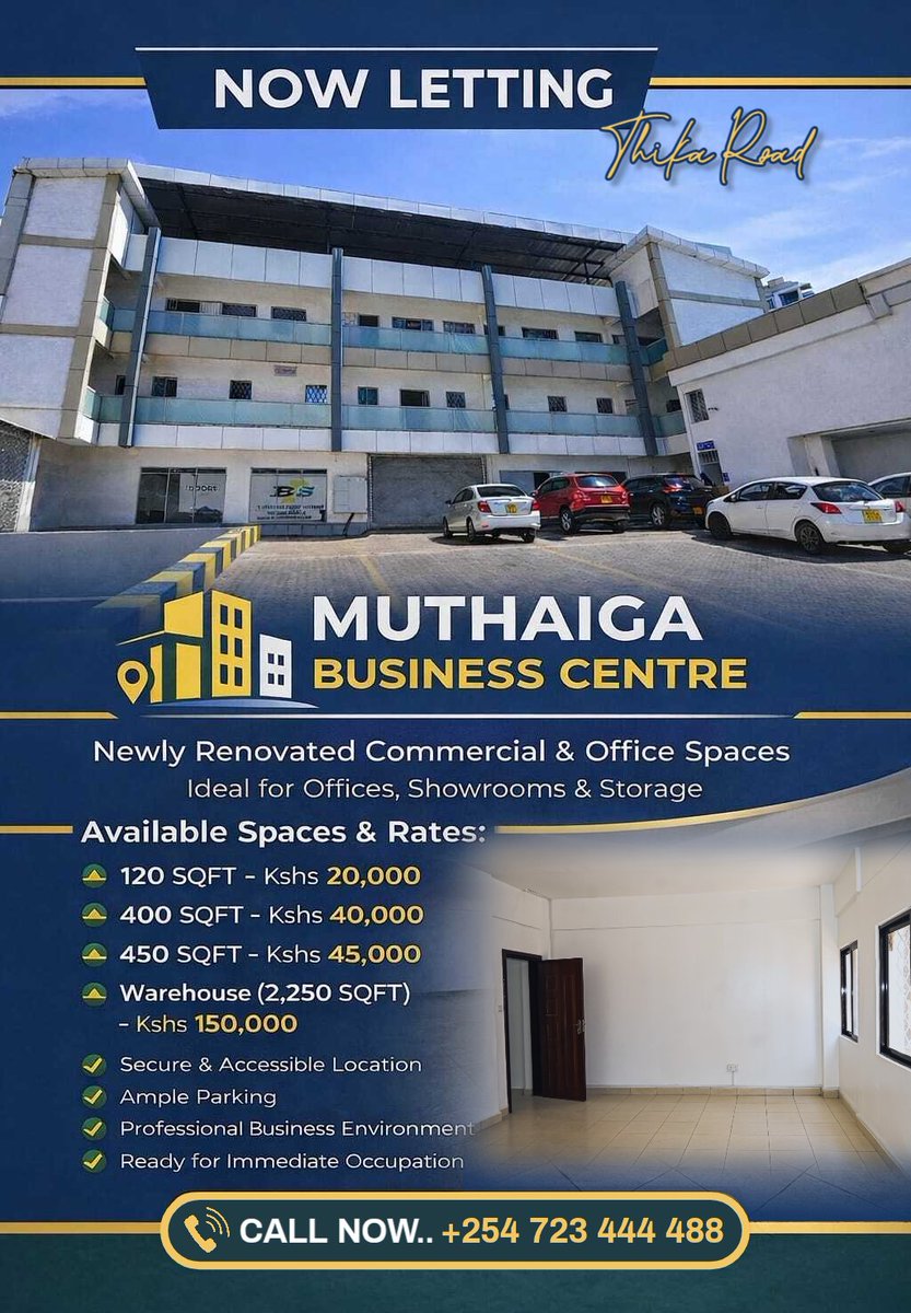 MuthaigaBC's tweet photo. Affordable Corporate Offices, Secure storage spaces, Huge ground floor warehouse &amp; Stunning Rooftop space located on Thika Road. 

Contact Us Now; for Quotes, Tours &amp; Availability!

#OfficeSpaceToLet #GOKThisWeek #MurimaRising / Khamenei / Boma Yangu Kikuyu / Forging Onwards https://t.co/s4H73fIrcL