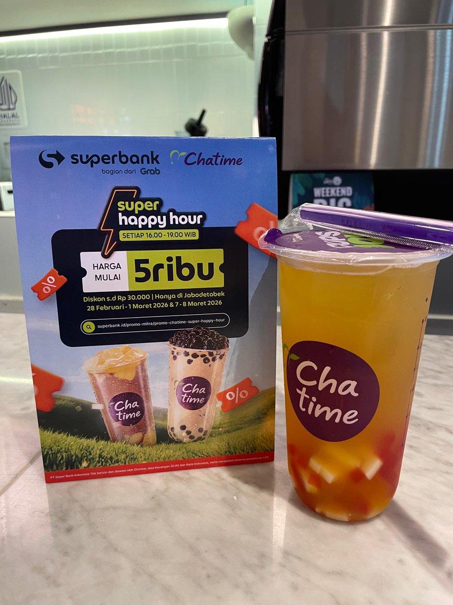 discountfess's tweet photo. SPILL SUPER HAPPY HOUR CHATIME DARI SUPERBANK 🔥

💰 Harga mulai 5RB
💸 Diskon 80% s.d 30RB
⏰ 16.00 – 19.00 WIB
📍 Jabodetabek
📅 28 Feb – 1 Mar 2026 & 7 – 8 Mar 2026

Strateginya: dateng sore, bayar pakai QRIS Superbank.
Simple tapi satisfying 😭

Save dulu biar nggak kelewat jamnya!