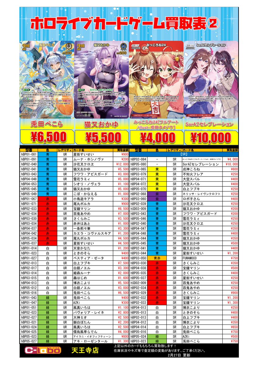 ホロカ 買取情報】2/28更新 #ホロライブOCG 買取価格表☄ SEC・OUR・UR