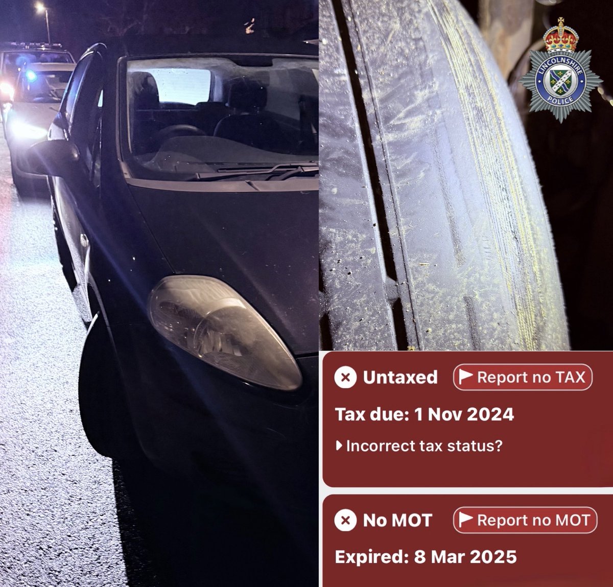 LincsPoliceOps's tweet photo. #RPU took a punt on stopping this vehicle in #GREATGONERBY. It had no insurance, tax, or MOT, and the tyre had cord exposed. The driver was reported. The vehicle was prohibited and seized. Saying “I only use the back roads” is no excuse. We only need to be lucky once. #PG9 https://t.co/NmwEcnSSiT