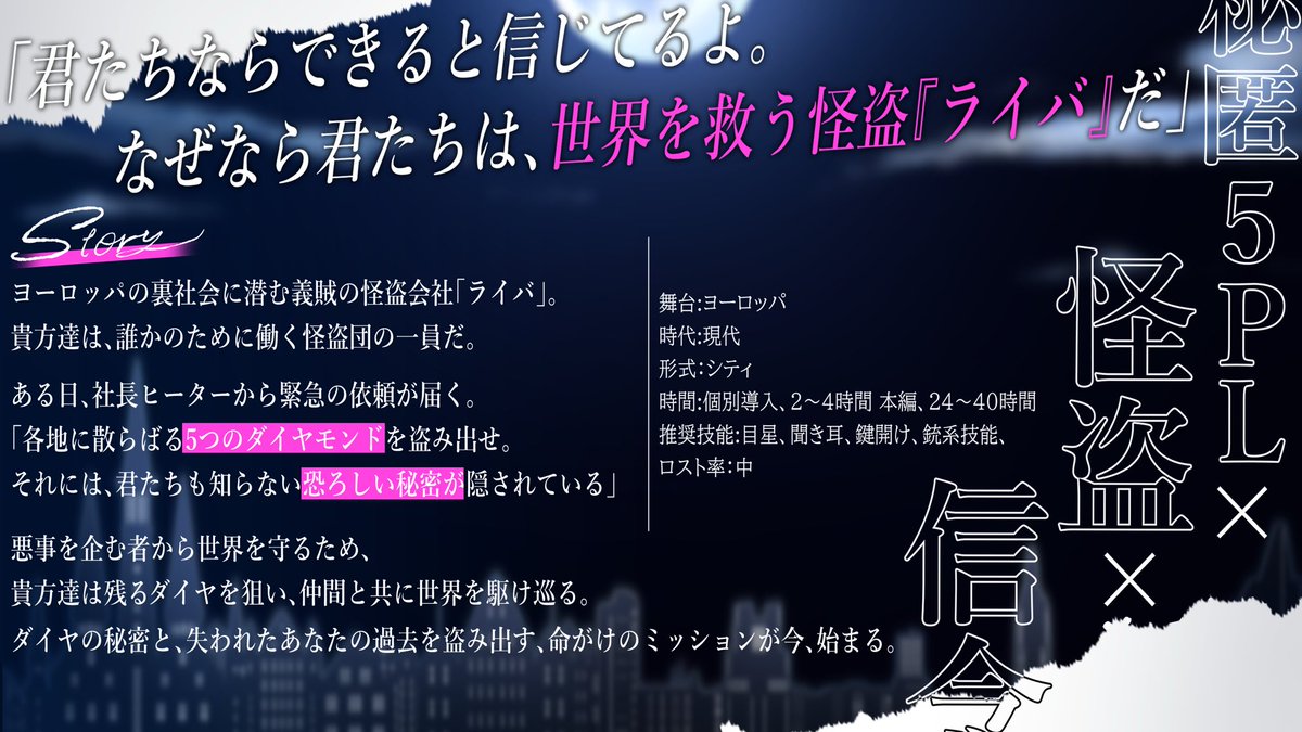 soraneko_0106's tweet photo. #月初めだし自作シナリオ宣伝する
‖Coc6版 Ring

「君たちは、世界を救う怪盗だ」

5PL×怪盗×信念

💎秘匿5PL
💎担当NPCと仲良く
💎豊富なスチルと立ち絵数

9月-10月配布目処です🫶
現在スチル制作中

HO診断⤵︎ ︎
https://t.co/HMvZWX82Qj https://t.co/ECfwYirQex