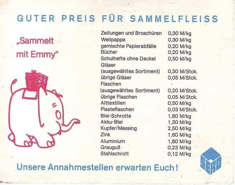 Die Abkürzung #SERO stand in der #DDR für das VEB Kombinat Sekundär-Rohstofferfassung, das Sekundärrohstoff-Annahmestellen und deren Weiterverteilung betrieb. Das Maskottchen war der rosafarbene Elefant #Emmy. 
 #Altstoffe #Altpapier #GDR #Ostalgie #EastGermany