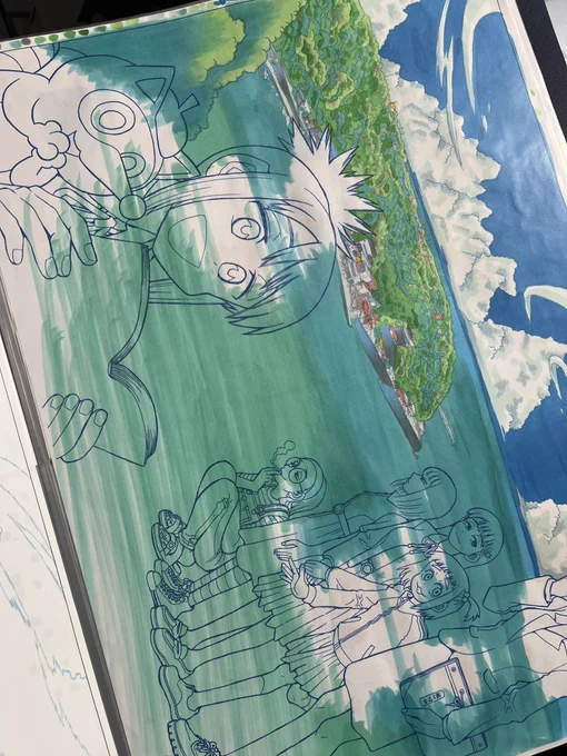 この頃はラフがデジタル、下書き&amp;ペン入れがアナログ、取り込んでPCでアナログペン画をカラー化、プリントアウトしてアナログ彩色、PCに取り込んで修正プラスデジタル加筆、といった工程です。 写真は線画をキャラと背景に分けてアナログ彩色した後のもの。