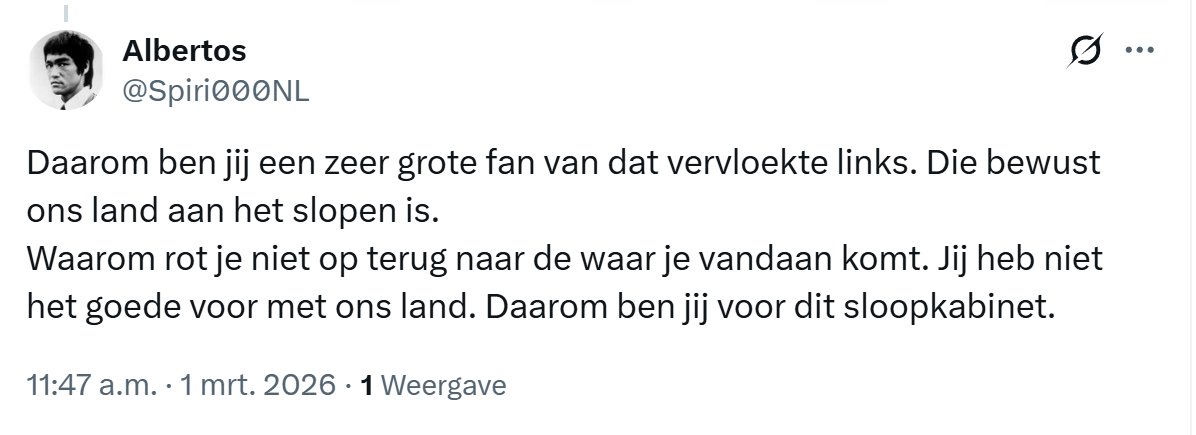 En dan snel blokkeren. 🤣🤣
De man heeft een buitenlands aandoende naam, maar wil dat ik terug ga naar mijn eigen land.
Waar komen deze idioten toch vandaan?
<a href="/Spiri000NL/">Albertos</a>