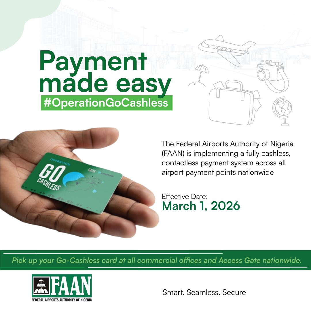 FAAN Appeals for Patience and Cooperation as Go Cashless Programme Commences 

The Federal Airports Authority of Nigeria (FAAN) wishes to sincerely appreciate all motorists and airport users as the FAAN Go Cashless Programme officially comes into full operation today at the