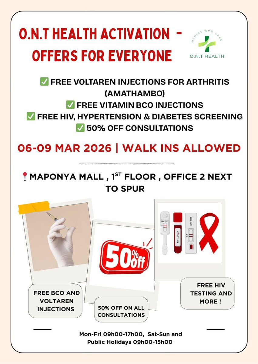 MedicsWhoCare's tweet photo. Don’t miss the O.N.T Health – JHB Activation

From 6  – 9 Mar 2026 at Maponya Mall (1st floor, Office 2, next to Spur), Soweto,

✅ Free Voltaren injections for arthritis
✅ Free Vitamin Bco injections
✅ Free HIV, hypertension &amp; diabetes screening
✅ 50% off consultations https://t.co/B8MPT88LkA