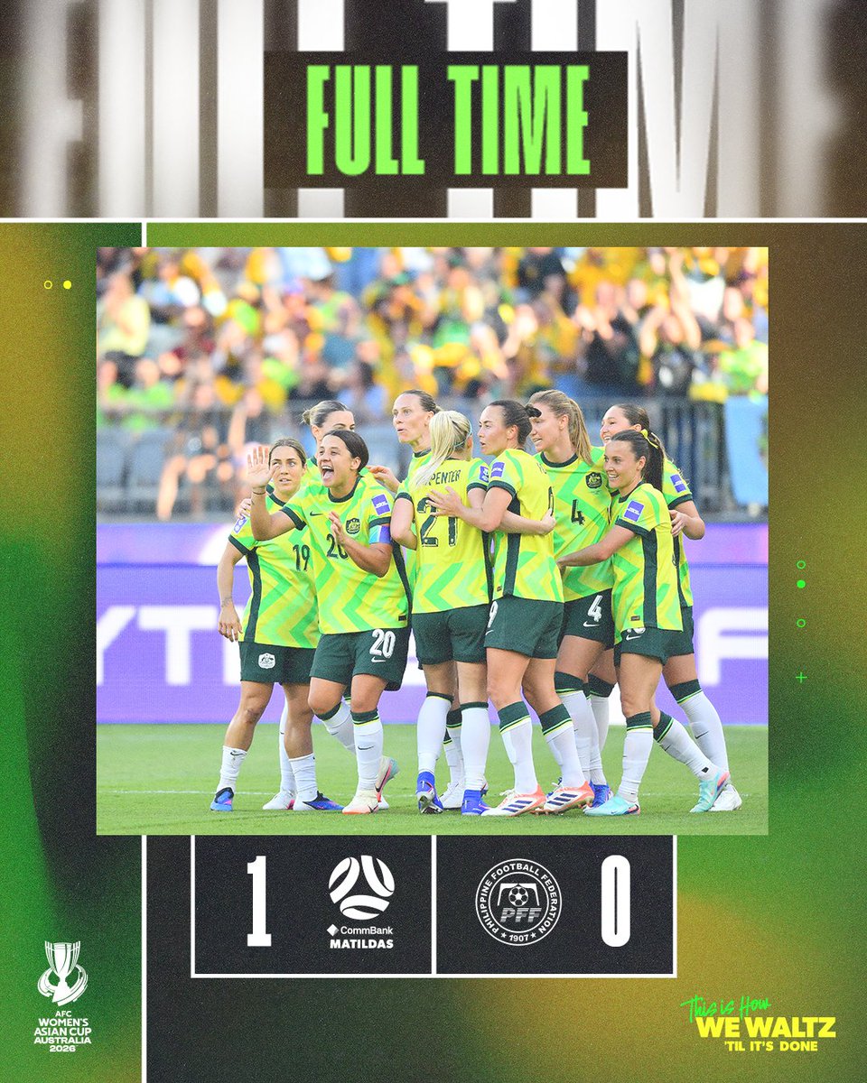FULL TIME | We kick off our #WAC2026 campaign with a W! ✅

⏭️ Next Up: 🇦🇺v🇮🇷 5.3.26 7pm AEST - Gold Coast

#Matildas #AUSvPHI #HowWeWaltz #TilitsDone #AFCWomensAsianCup #WAC2026