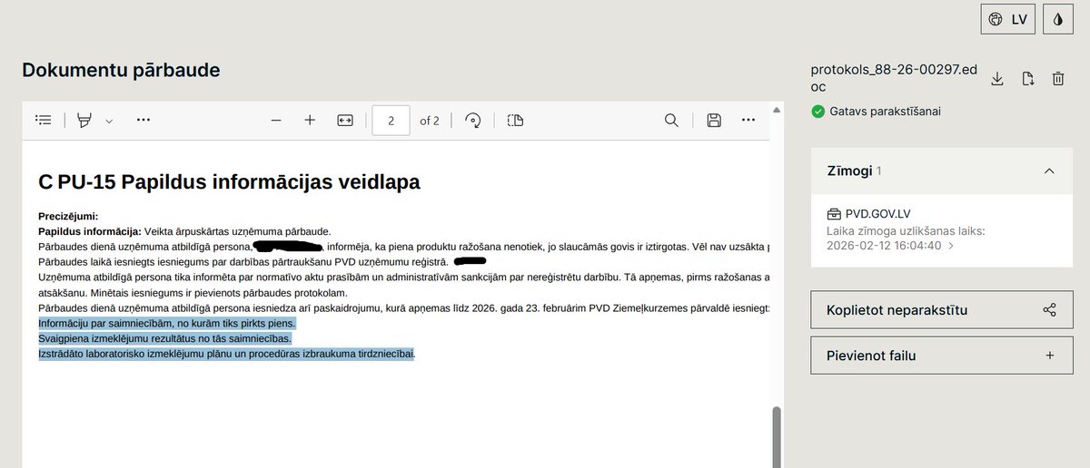 Atvēru <a href="/pvd_gov_lv/">PVD</a> dokumentu. Pirmkārt, Tatjana lika mammai parakstīt dokumentu par saimn. darbības pārtraukšanu. Mamma teica, ka viņa parakstot nesaprata, par ko parakstās.
Nākamais - kāpēc PVD prasa mammai iesniegt piena kvalitātes dokumentus no saimniecībām, no kurām iepirks