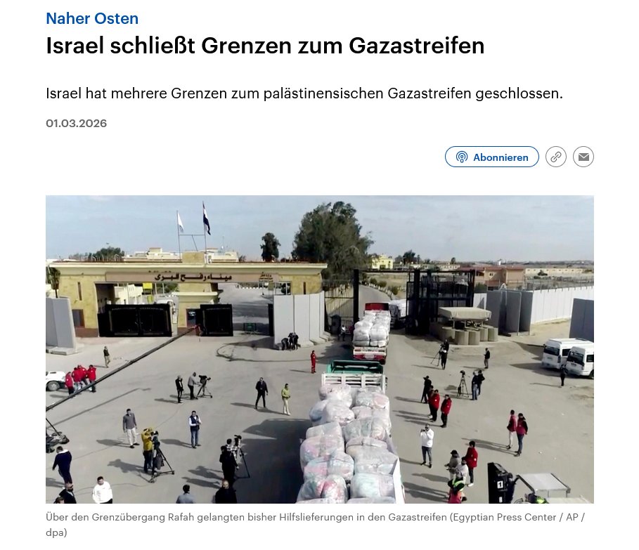 Der Terrorstaat Israel hat übrigens seine Grenzen zu Gaza geschlossen und lässt keine Hilfslieferungen wie auch Krankentransporte mehr durch.

Menschen verhungern zu lassen, ist eben deutsche Staatsräson.