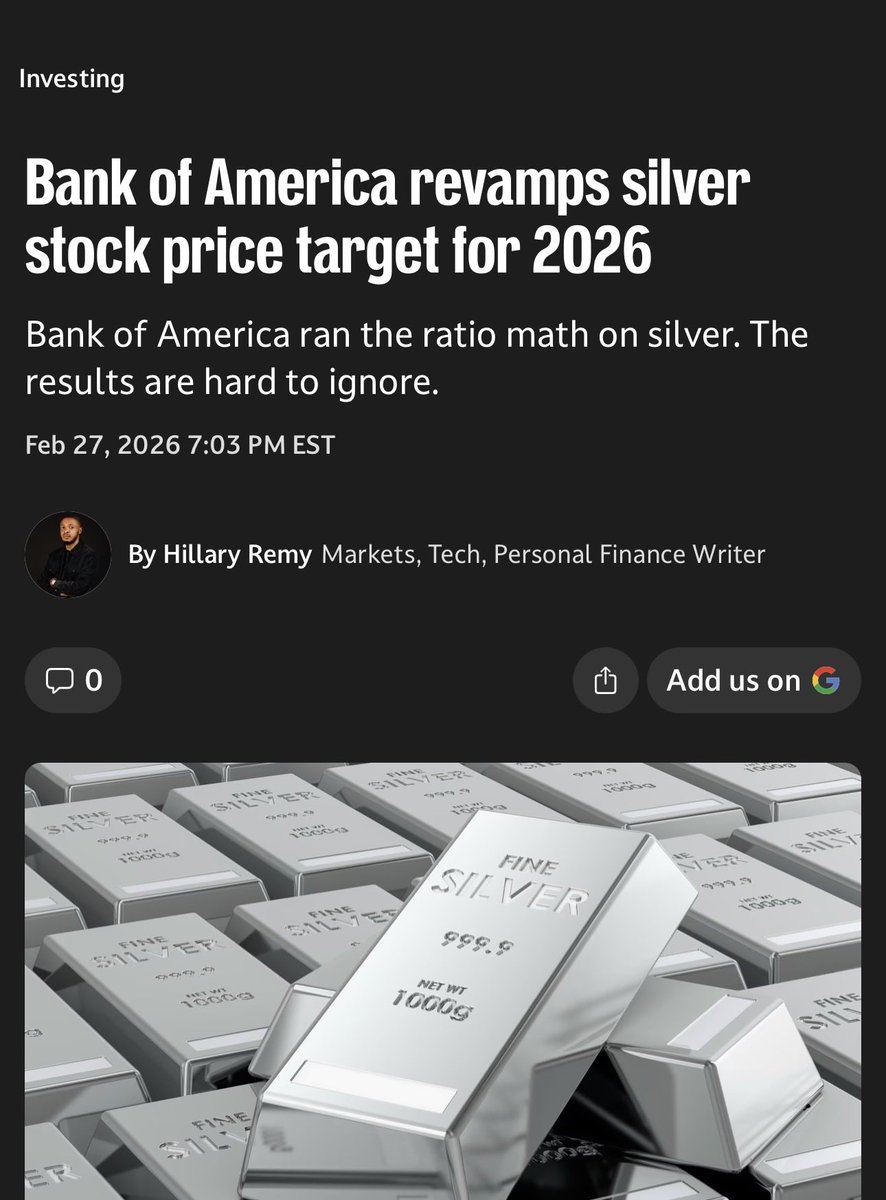 The financial media and Wall Street finally acknowledging the silver elephant in the room. 

“Bank of America just made one of the boldest silver price calls on Wall Street. 

Michael Widmer, the bank’s head of metals research, projects silver could reach anywhere between $135