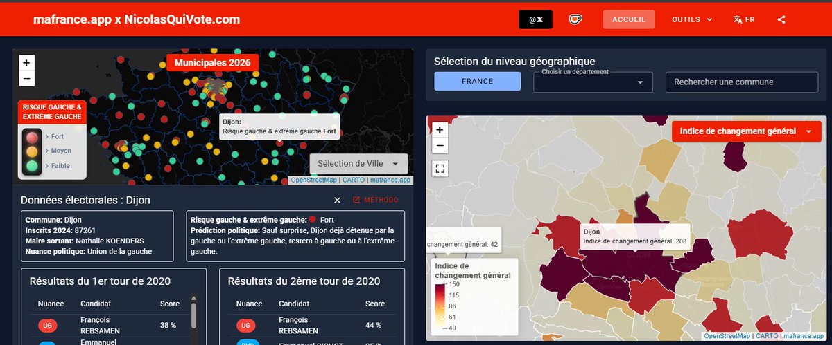Pour les municipales, mafrance.app s'enrichit d'une carte spéciale, en collaboration avec NicolasQuiVote.com.
Consultez les résultats des dernières élections, ainsi que le risque Gauche / Extrême-gauche estimé par NQV.