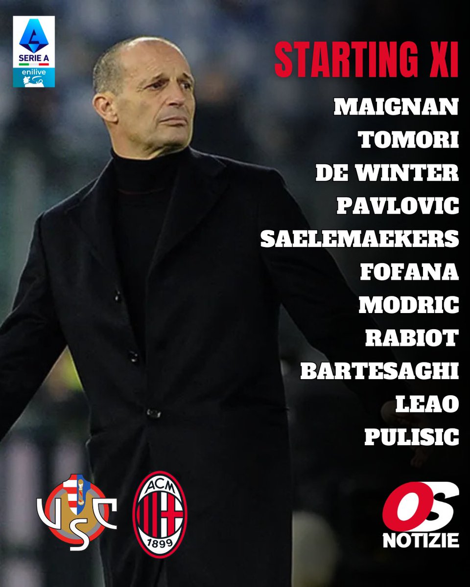 OggiSportNotiz2's tweet photo. Le formazioni ufficiali di #CremoneseMilan 🔥

#Nicola sceglie #Folino in difesa, davanti la coppia Vardy-Bonazzoli. #Allegri non recupera Gabbia, c’è De Winter come perno della difesa. Leao e Pulisic dal 1’

#acmilan https://t.co/lXLBzMroz0