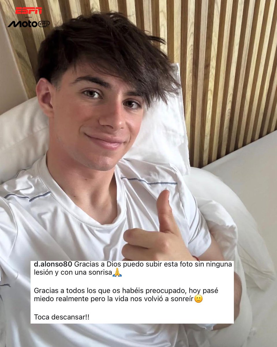 MotoGP_ESPN's tweet photo. ¡NINGUNA FRACTURA Y TODO ESTÁ BIEN! 🇨🇴😁

David Alonso subió una foto a sus redes sociales para demostrar que se encuentra bien tras la caída y dos golpes con motos ajenas. 🙏 https://t.co/526bgnhlGG