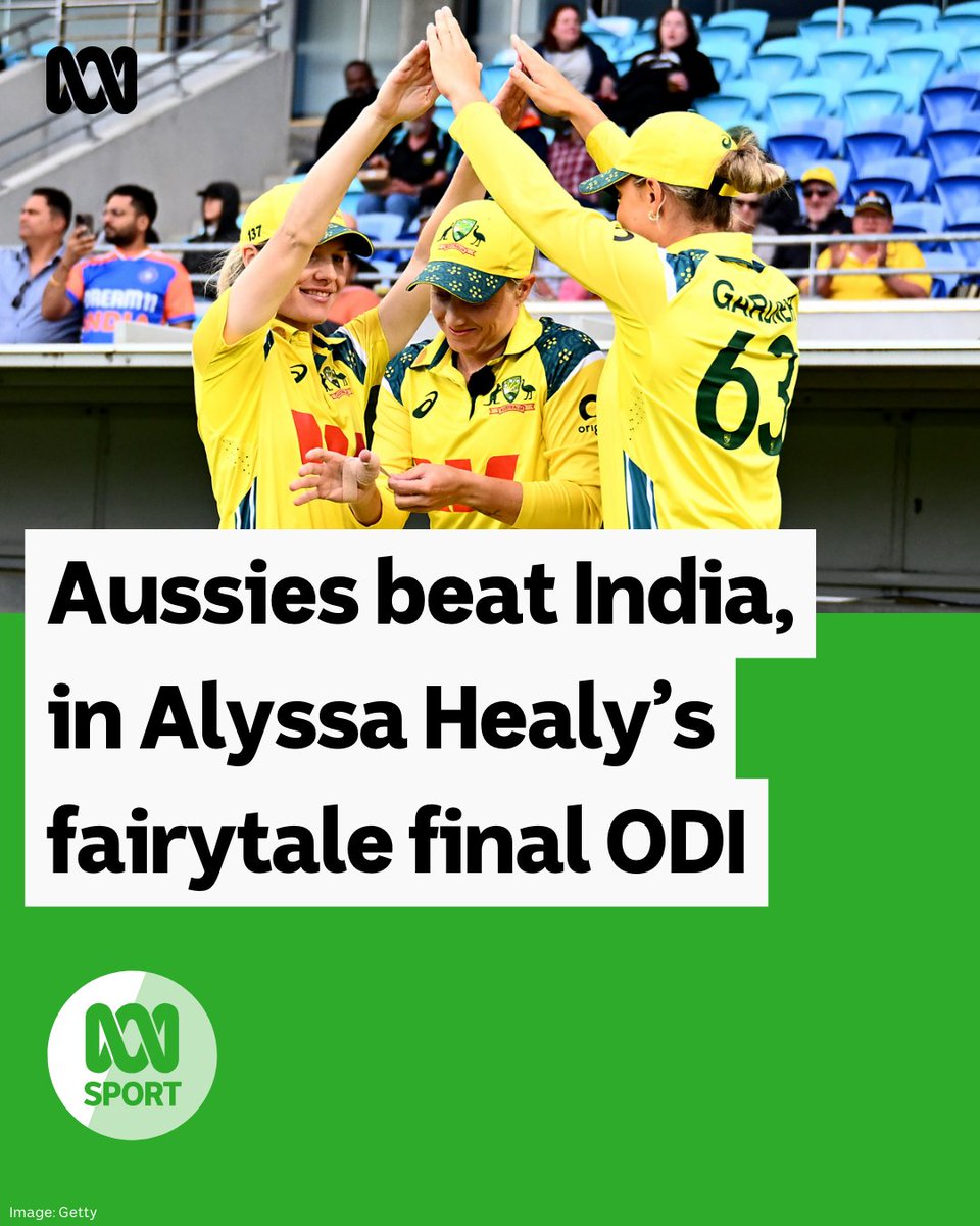 abcsport's tweet image. A 185-run win for Australia over India, and after smashing 158, Alyssa Healy even bowled a few overs in her final ODI!

Just superb!

📻📱 Catch every ball of the Aussie women's summer against India, live and ad-free on ABC Radio and ABC listen: ab.co/ABCListenApp

#AUSvIND