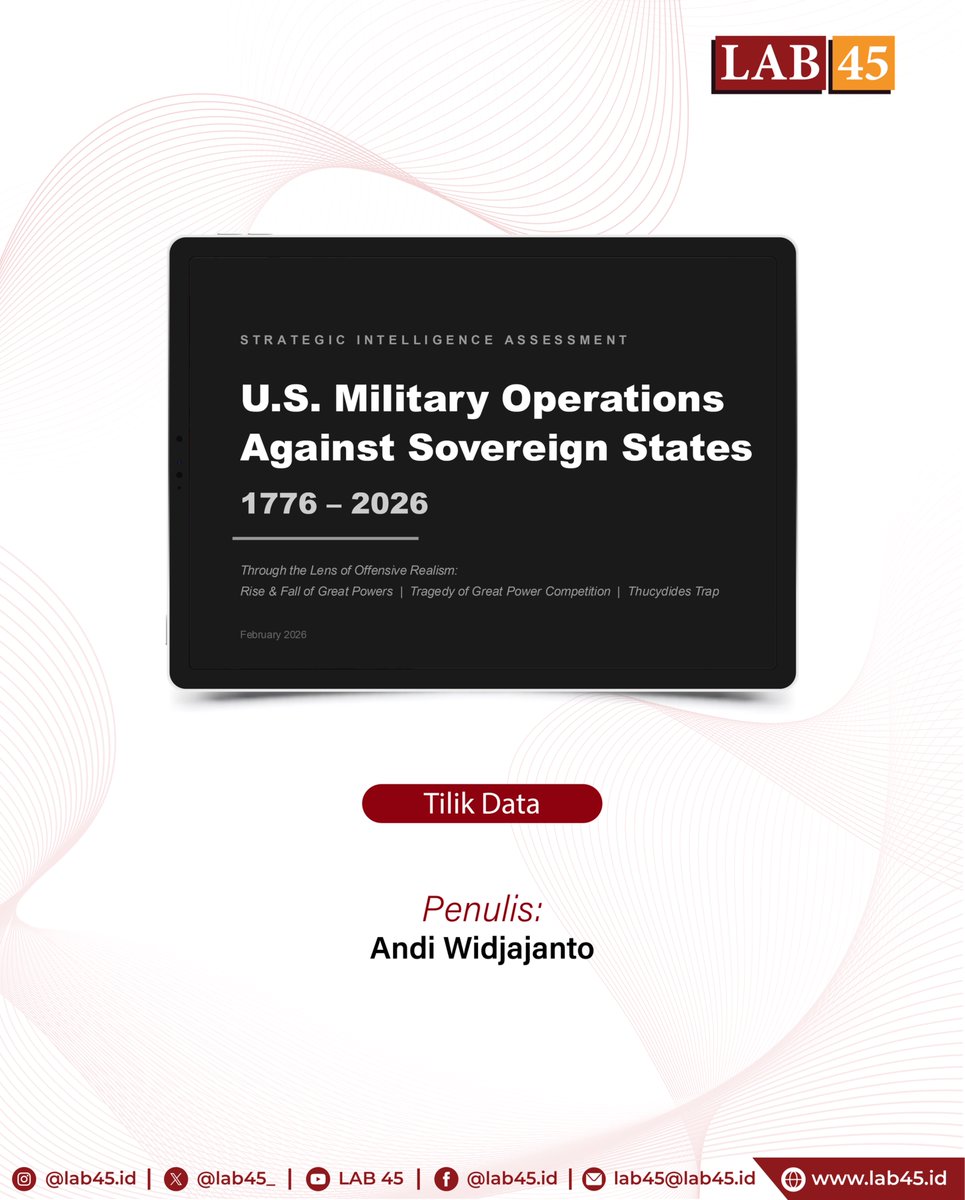 lab45_'s tweet photo. Analisis terbaru menunjukkan bahwa intensitas operasi militer Amerika Serikat secara historis justru memuncak saat menghadapi pergeseran kekuatan global, bukan saat berada di puncak kejayaannya. Menggunakan kacamata offensive realism, tercatat lebih dari 247 operasi sejak 1776 yang didorong oleh kebutuhan struktural untuk mempertahankan status hegemon regional dan mencegah munculnya pesaing setara di Eurasia. Tren tahun 2025–2026 terhadap Iran dan Venezuela mengonfirmasi pola "Thucydides Trap", di mana AS berupaya mengamankan basis regionalnya di tengah penyempitan kesenjangan kekuatan dengan China. Meskipun frekuensi operasi tetap tinggi, tantangan imperial overstretch akibat biaya perang yang mencapai $8T+ menjadi sinyal krusial bagi masa depan stabilitas keamanan internasional. Untuk selengkapnya, kunjungi tautan berikut: https://t.co/UUCTlHJxqm

#LAB45 #HubunganInternasional #Geopolitik #ThucydidesTrap #KebijakanLuarNegeri
