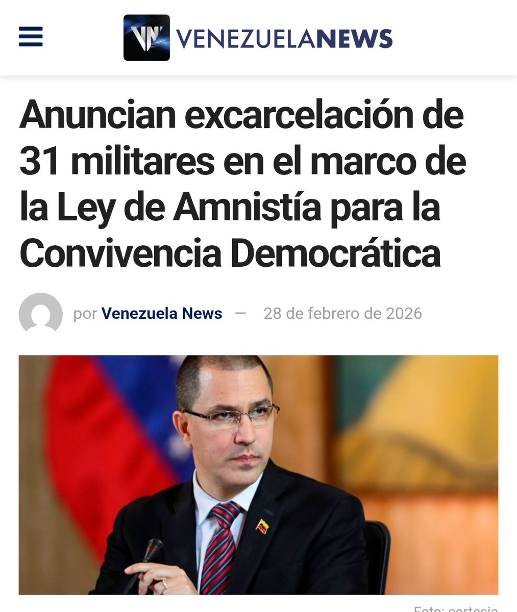minimopaint's tweet photo. El diputado Jorge Arreaza informó este sábado a través de su cuenta en la red social X que el Sistema de Justicia Militar de la FANB otorgó medidas alternativas a 31 efectivos procesados. Los militares ya se encuentran en libertad desde el pasado 27 de febrero.

Arreaza destacó que la decisión responde al «noble objetivo de contribuir a la paz y el reencuentro nacional«. El anuncio llega en un contexto donde el Gobierno Bolivariano impulsa políticas de reconciliación y estabilidad institucional.