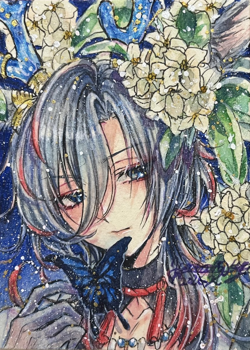 “沈丁花に酔う”

 #ATC作りました  

ocの久遠さんです❣️  
こちらは #ARTsLABo さんの【あお展】に送り出します✨️