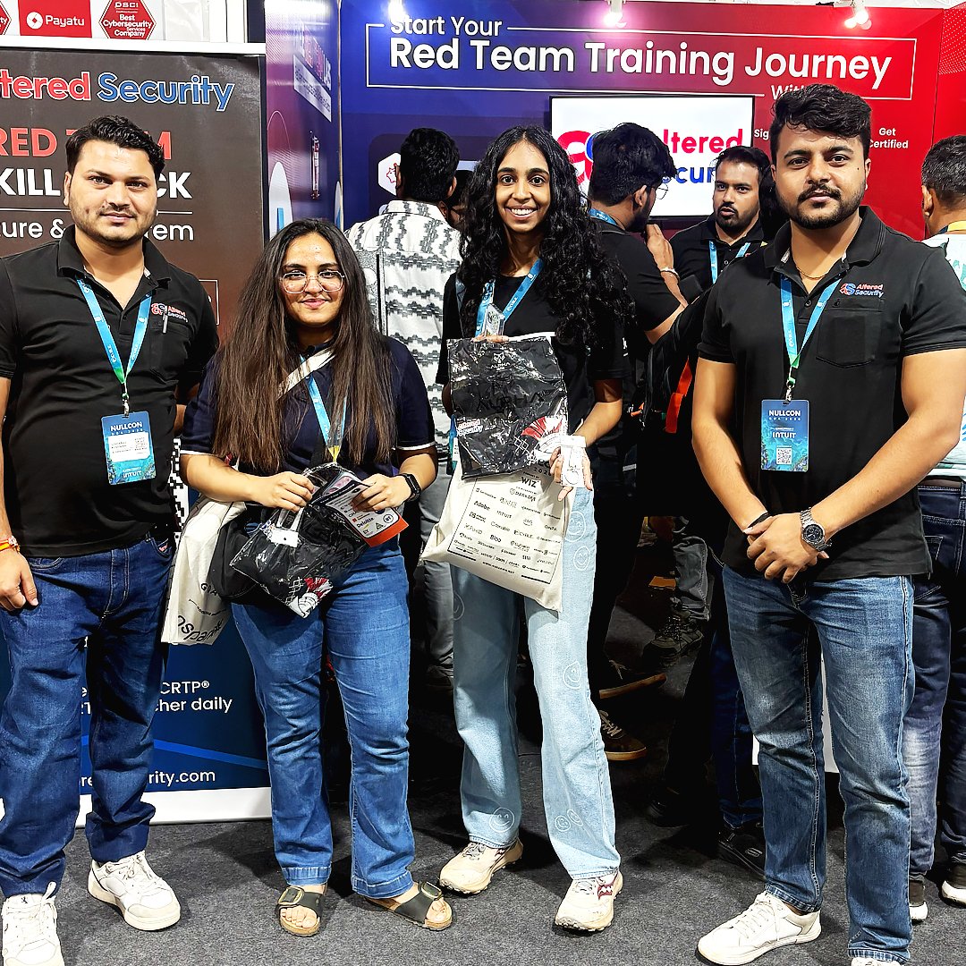 AlteredSecurity's tweet photo. Thatâs a wrap at @nullcon Goa 2026.
Two days of red team conversations and strong community engagement.
Thank you to everyone who connected with us.
#NullCon #CyberSecurity #RedTeam #AlteredSecurity https://t.co/UhtgouxEmf