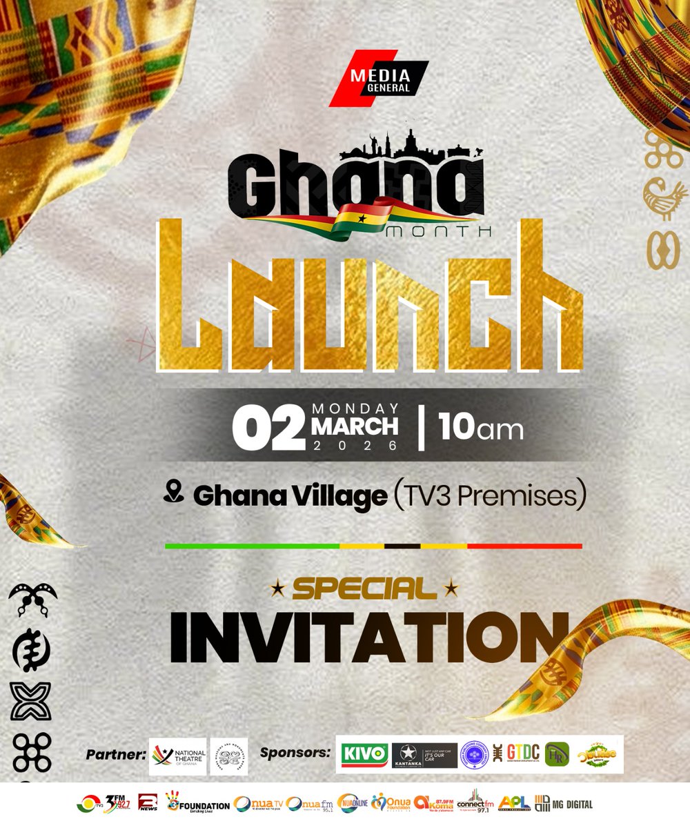 tv3_ghana's tweet image. You’re Invited to the Ultimate Celebration of Ghana 🇬🇭✨

The stage is set, the village is ready, and the invitation is officially yours✉️ Join us tomorrow morning as we unveil the Ghana Village and kick off #GhanaMonth2026 in grand style.

📍 Venue: Ghana Village (TV3 Premises)