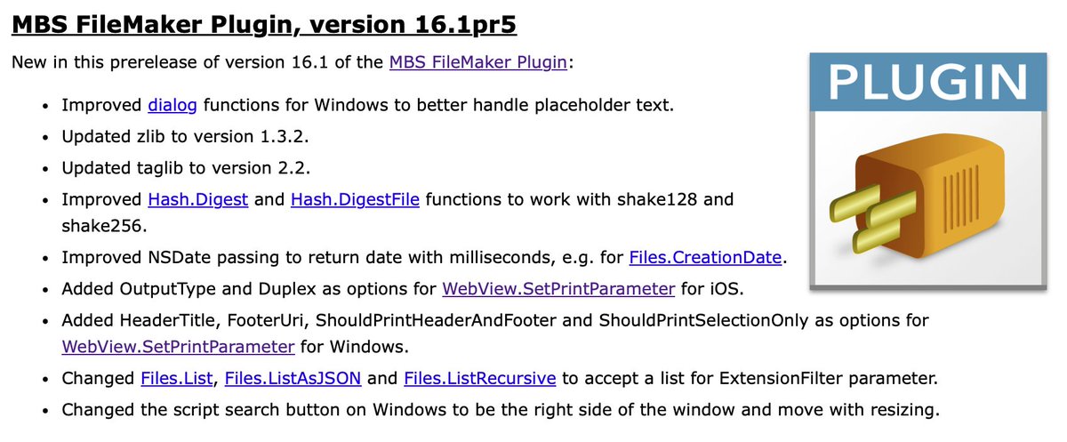 MBS #FileMaker Plugin, version 16.1pr5

Added more options  for WebView.SetPrintParameter for iOS and Windows.

Changed Files.List, Files.ListAsJSON and Files.ListRecursive to accept a list for ExtensionFilter

Improved dialog functions for Windows

mbsplugins.de/archive/2026-0…