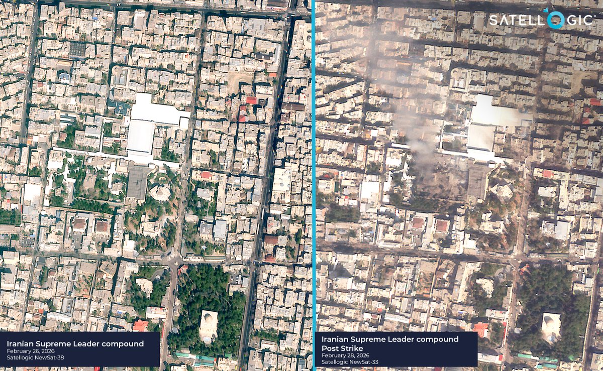 Imagery from February 28 shows significant structural collapse within the official compound of Ayatollah Ali Khamenei in central Tehran. Imagery from February 26 confirms the site was intact prior to the reported joint U.S.–Israeli operation.

Because the site was already being