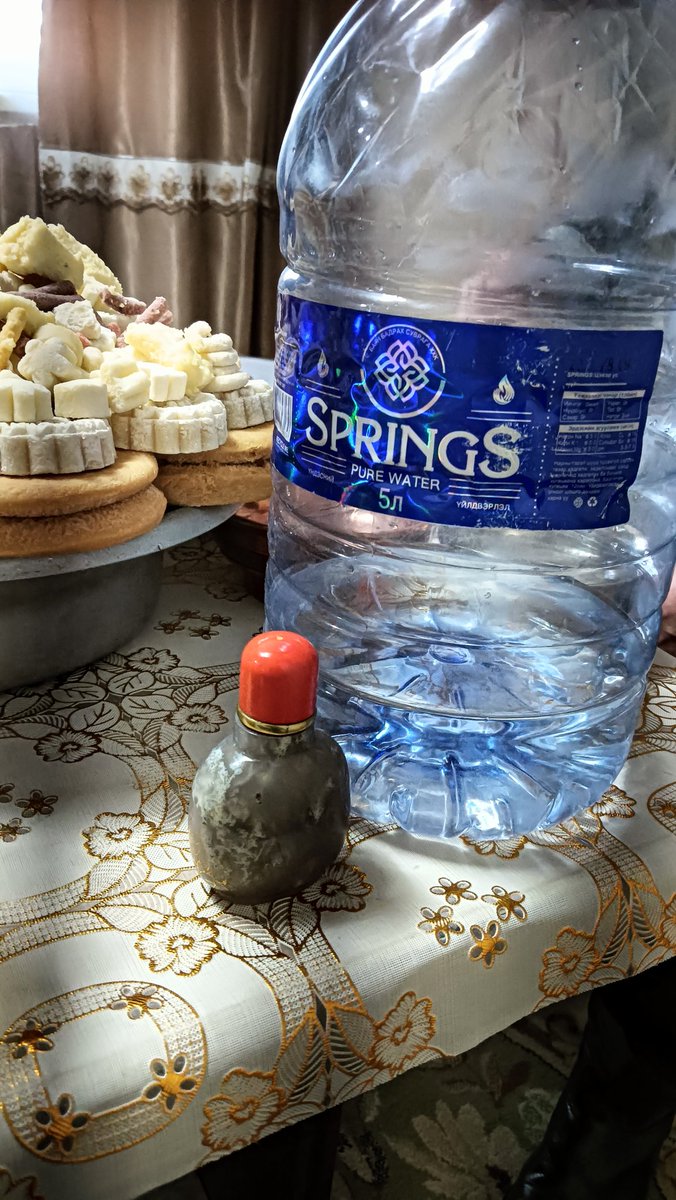 We visited a friend's family in Mongolia. So hospitable. So much food and drinks! This is not water, it's homemade Mongolian milk vodka similar in strength to japanese sake. The father kept giving us giant cups of the stuff. The small bottle is snuff (tobacco powder for sniffing)