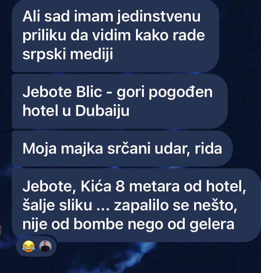 Lik na Pinku sa majicom “Team Vučić” priča kako u UAE nema ničega, nema vode, svi su u skloništima, ludilo, nismo spavali.

Društvo iz Emirata: