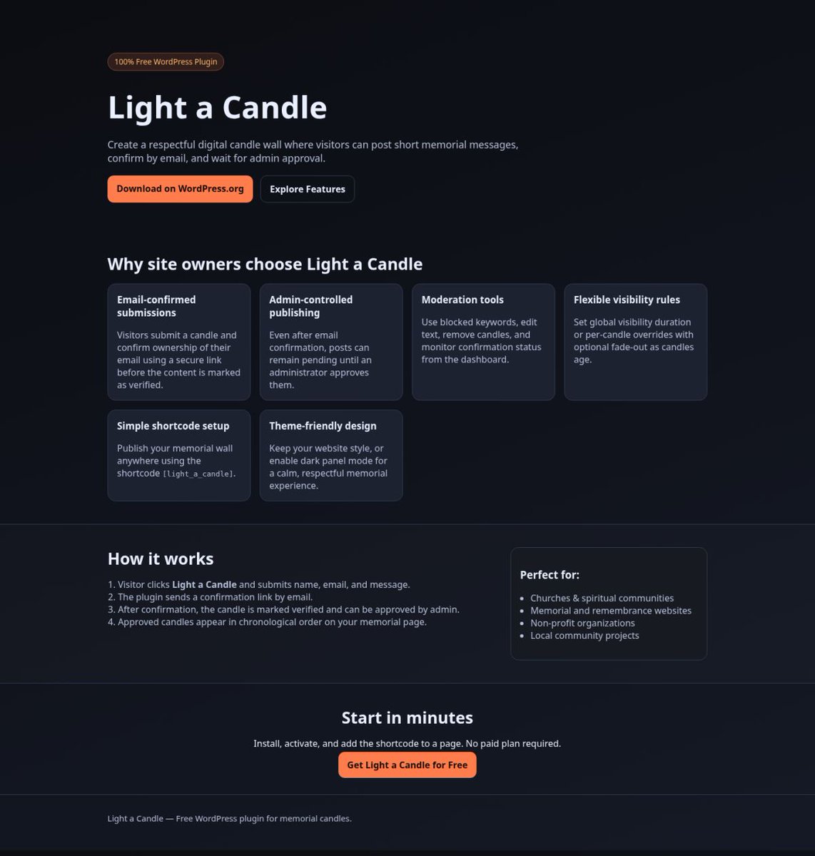 Light a Candle:  100% Free WordPress Plugin

Create a respectful digital  candle wall where visitors can post short memorial messages, confirm by  email, and wait for admin approval.

telework.ro/en/e-books/lig…

#WordPresspplugin #LightACandle #InMemoriam