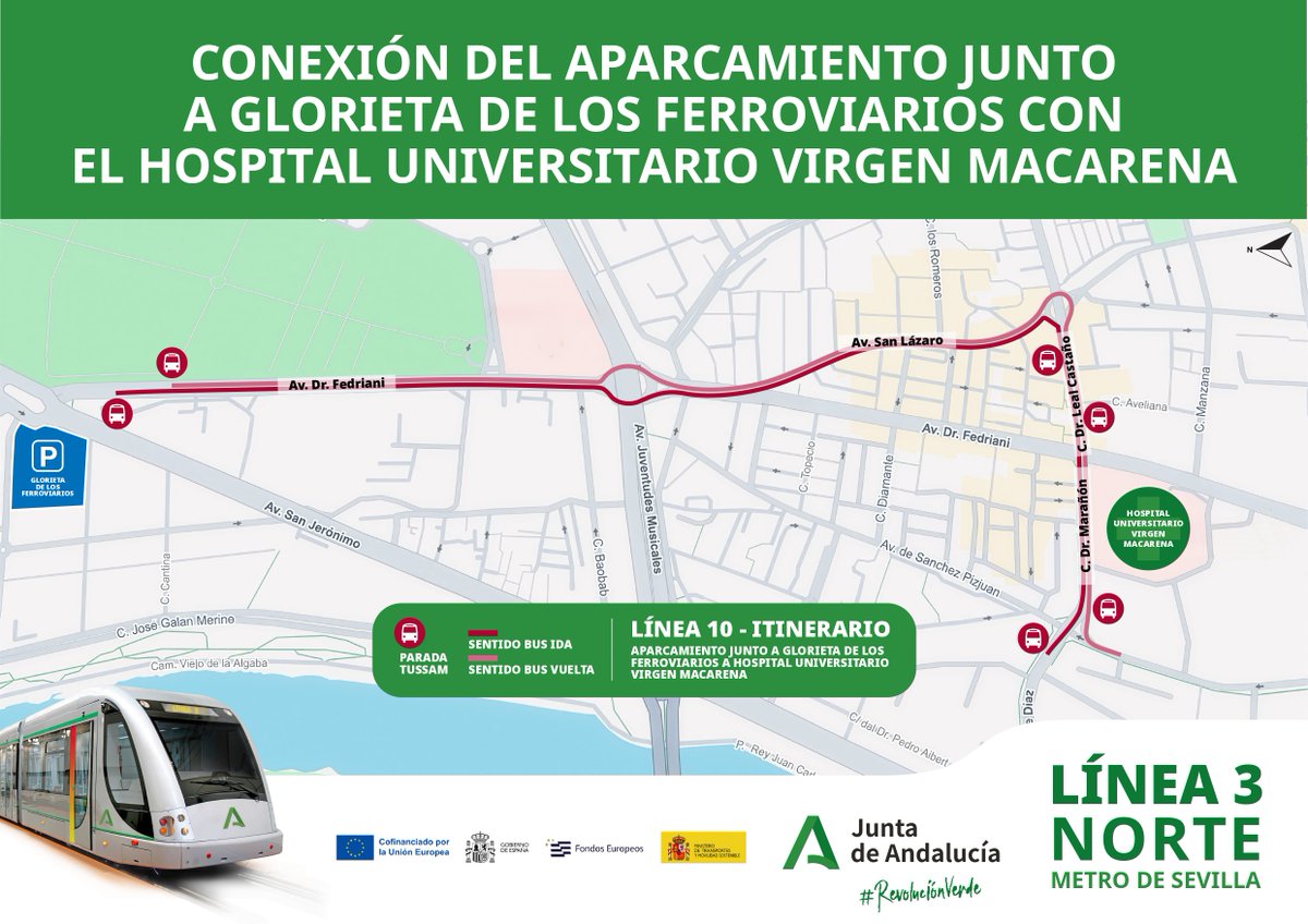 FomentoAND's tweet photo. #ATENCIÓN Reordenación del tráfico en el entorno del @HUVMacarena a partir del 5 de marzo por las obras de la Línea 3 Norte del Metro de  #Sevilla

Habrá cambios en el acceso al parking y al hospital y en paradas de taxis y autobuses

ℹ️https://t.co/hQReWNvK7X ✅

Dentro planos👇 https://t.co/IOGopJPnvn