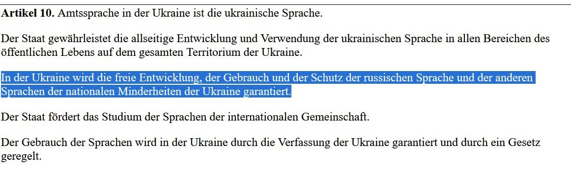 Poly2077's tweet photo. @piplilnplinzil @Teleskoparm1 @Freigeist1983 @Steinhoefel Aha, kannst du die Gesetze kurz benennen, die der russischsprachigen Bevölkerung die Auslegung ihrer Kultur und Sprache verboten haben?

Artikel 10. der ukrainischen Verfassung besagt heute noch was anderes. https://t.co/rovA4SOruX