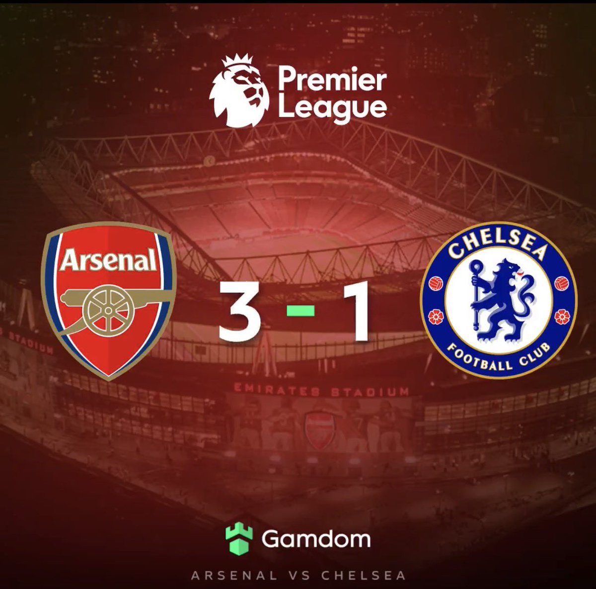 BobbyMerit7's tweet photo. @gamdomsport @FabrizioRomano Arsenal 3 - 1  Chelsea https://t.co/eTOS9Ctf9A