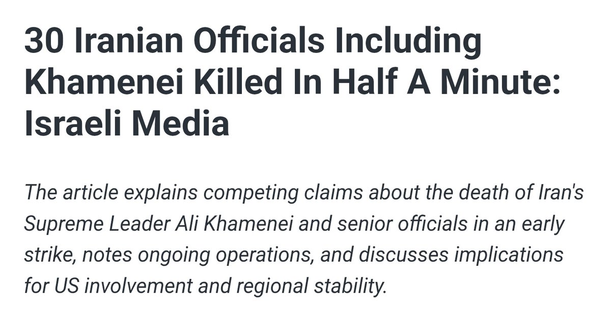 อิสราเอลบอกสังหารผู้นำอิหร่านกับจนท.ระดับสูงของกองทัพถึง 30 รายภายใน 30 วินาทีแรกของการโจมตี 

สื่ออิสราเอล Channel 12 รายงานว่ากองทัพอากาศอิสราเอล (IAF) สังหารเจ้าหน้าที่ระดับสูงอิหร่านรวม 30 ราย (รวมถึง คาเมนาอี ผู้นำสูงสุดออหร่าน) ภายในครึ่งนาทีแรกของการโจมตีเปิดฉาก