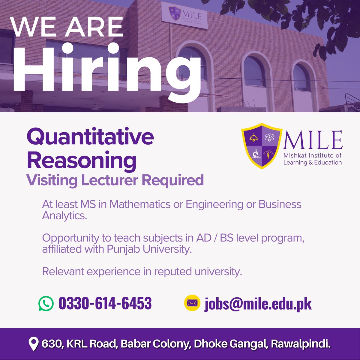 MILEInstitute's tweet photo. 📢 We’re Hiring!
MILE is seeking a Visiting Lecturer – Quantitative Reasoning for AD/BS programs (affiliated with Punjab University).

MS in Mathematics/Engineering/Business Analytics + relevant university experience required.

Apply now: https://t.co/Jvb4DaPD1E

#HiringNow #MILE https://t.co/NNHjvzci61