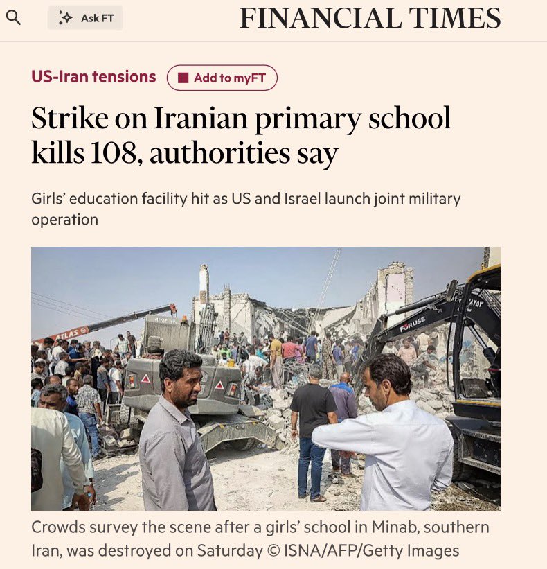 🇮🇷 Minab, Irán.
108 niñas iraníes, la mayoría entre 7 y 12 años, asesinadas en el bombardeo israelí-estadounidense de una escuela.

A los medios de “comunicación”, como RTVE <a href="/rtve/">RTVE</a>, se les ha olvidado preguntar a sus “invitados imparciales” por este crimen.
Eso sí: horas y horas