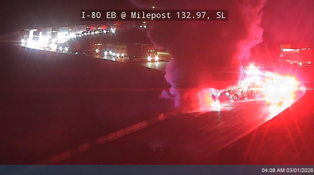 SLCNightWatch's tweet photo. March 1, 2026
Location: Interstate 80 EB, Parleys Canyon
A trailer fire was reported on eastbound I-80 in Parleys Canyon. The fire is out and the cause is under investigation.
Traffic is reduced to one lane. Expect delays. https://t.co/chNVThkDuw
