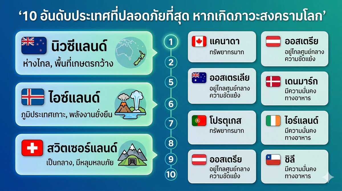 a0ftimuz13's tweet photo. ถ้าเกิดสงครามโลกครั้งที่3จริงๆ 
ประเทศใดจะปลอดภัยที่สุด 
จัดอันดับโดยGemini 🔍 

#Iran #Israel #สงครามโลกครั้งที่3 
#อิหร่าน https://t.co/aZCAmctbHx